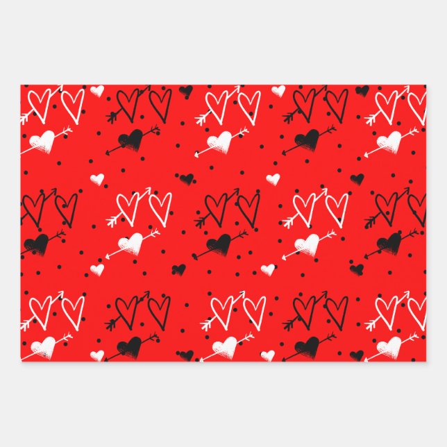 Black And White Cupids Heart Pattern  Wrapping Paper Sheets (Front)
