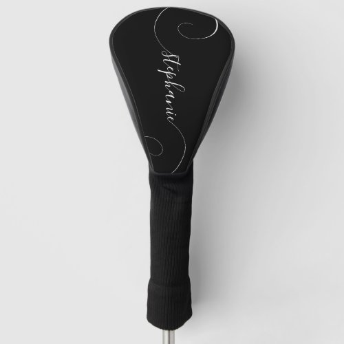 Black and White Curly Script Name Golf Head Cover