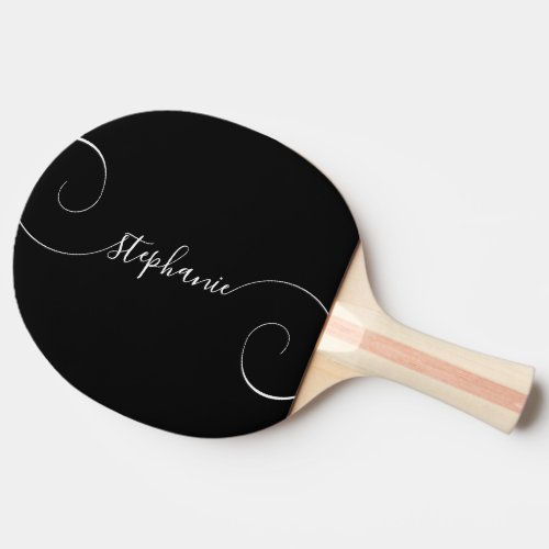Black and White Curly Script Name Ping Pong Paddle