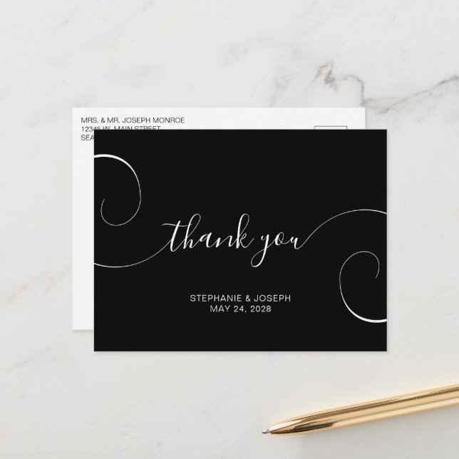 Black and White Curly Script Wedding Thank You Postcard (Front/Back In Situ)
