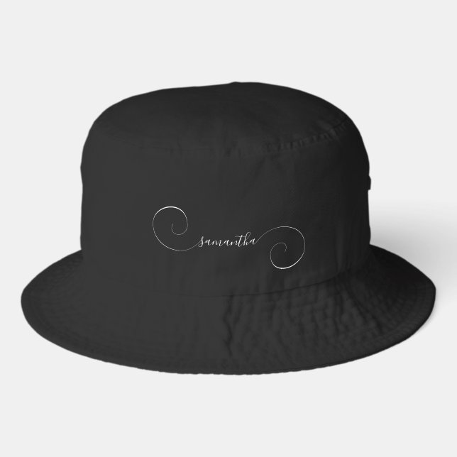 Black and White Curly Signature Name Bucket Hat (Front)