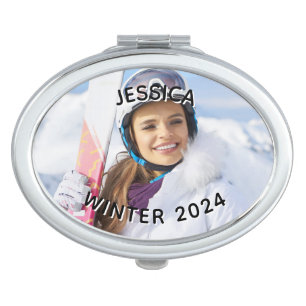 Black and White Curved Text Family Photo Compact Mirror