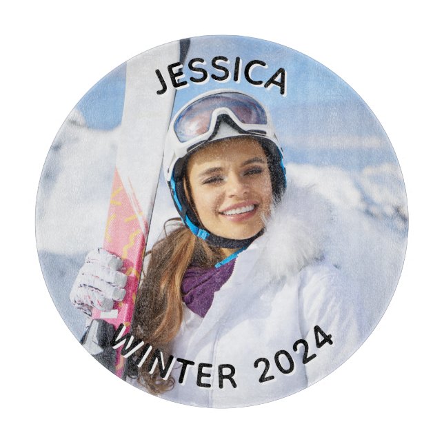 Black and White Curved Text Family Photo Cutting Board (Front)