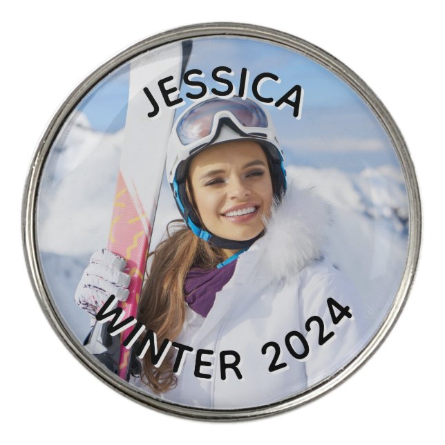 Black and White Curved Text Family Photo Golf Ball Marker (Front)