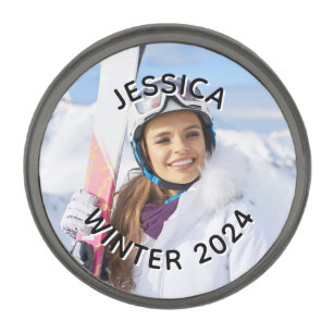 Black and White Curved Text Family Photo Gunmetal Finish Lapel Pin