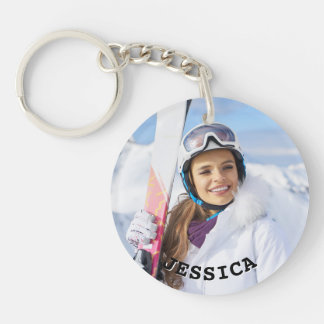Black and White Curved Text Family Photo Keychain