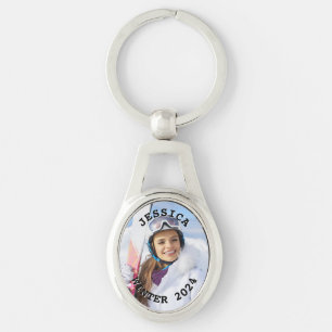 Black and White Curved Text Family Photo Keychain