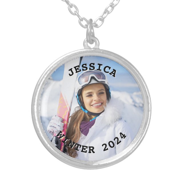 Black and White Curved Text Family Photo Silver Plated Necklace (Front)