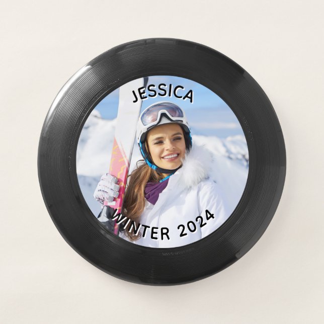 Black and White Curved Text Family Photo Wham-O Frisbee (Front)