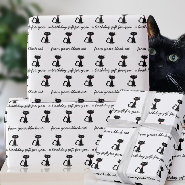 Black and White Custom Cat Birthday Wrapping Paper (Purrfect wrapping paper for your black cat. Just add your birthday greeting)