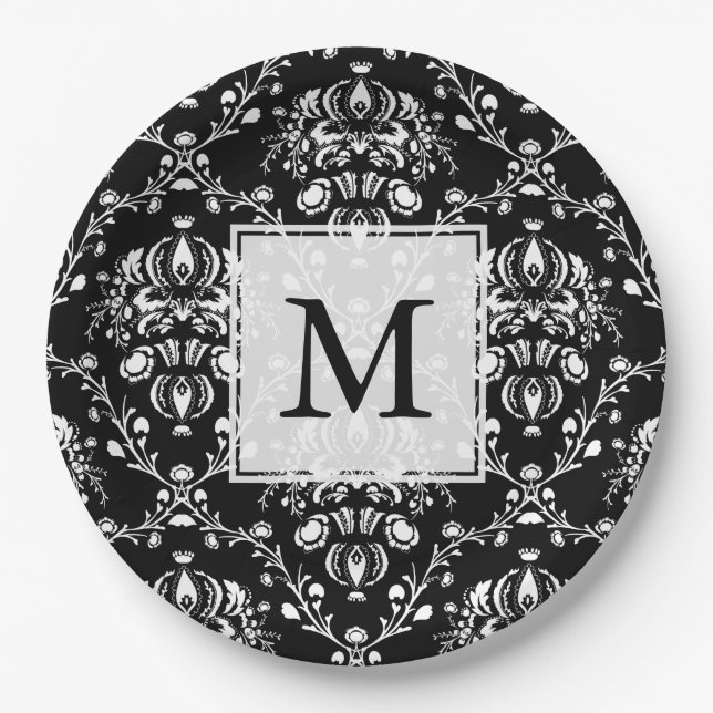 Black and White Custom Damask Paper Plates (Front)