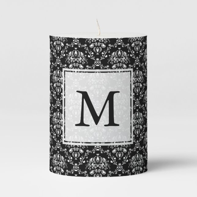 Black and White Custom Damask Pillar Candle (Front)