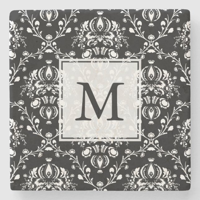 Black and White Custom Damask Stone Coaster (Front)