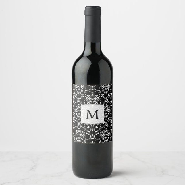 Black and White Custom Damask Wine Label (Front)