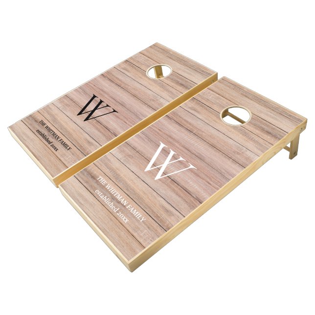 Black and White Custom Family Monogram Name Cornhole Set (Angled)