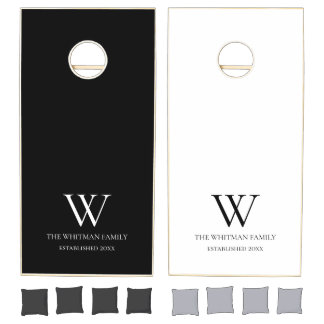 Black and White Custom Family Monogram Name Cornhole Set