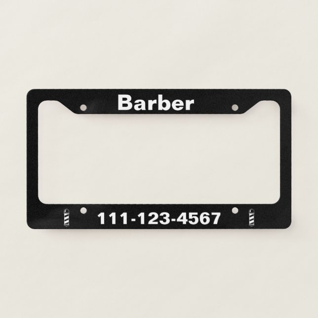 Black and White Custom Mobile Ad | Barber License Plate Frame (Front)