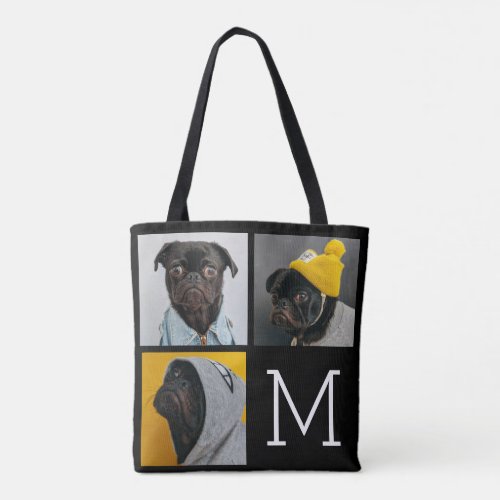 Black and White Custom Monogram 3 Photo Collage Tote Bag