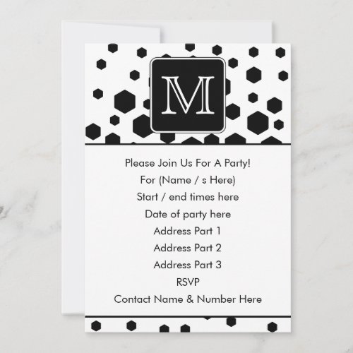 Black and White Custom Monogram. Hexagon Dots. Personalized Invites