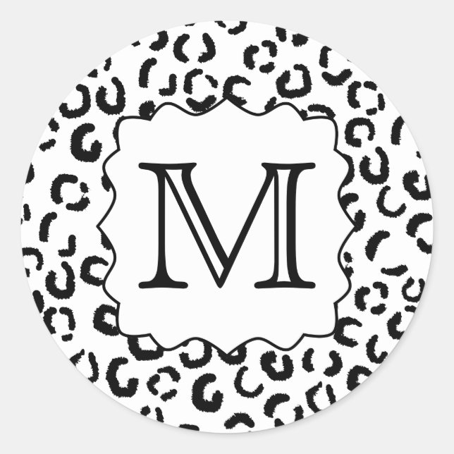 Black and White Custom Monogram Leopard Print. Classic Round Sticker (Front)
