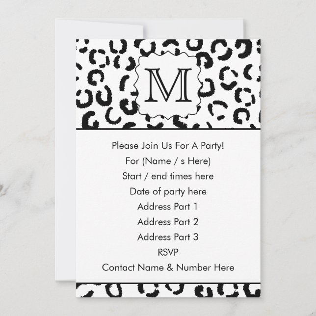 Black and White Custom Monogram Leopard Print. Invitation (Front)