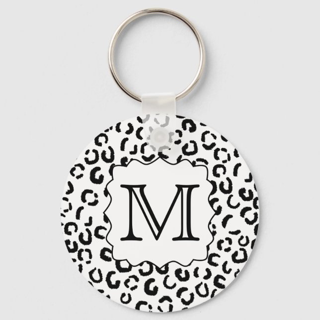Black and White Custom Monogram Leopard Print. Keychain (Front)