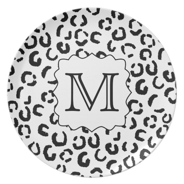 Black and White Custom Monogram Leopard Print. Dinner Plate