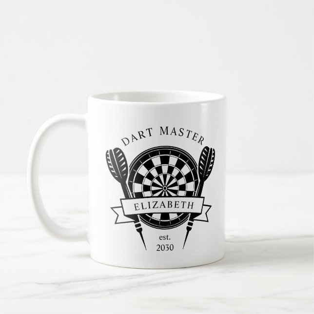 Black and White Custom Name Dart Coffee Mug (Left)
