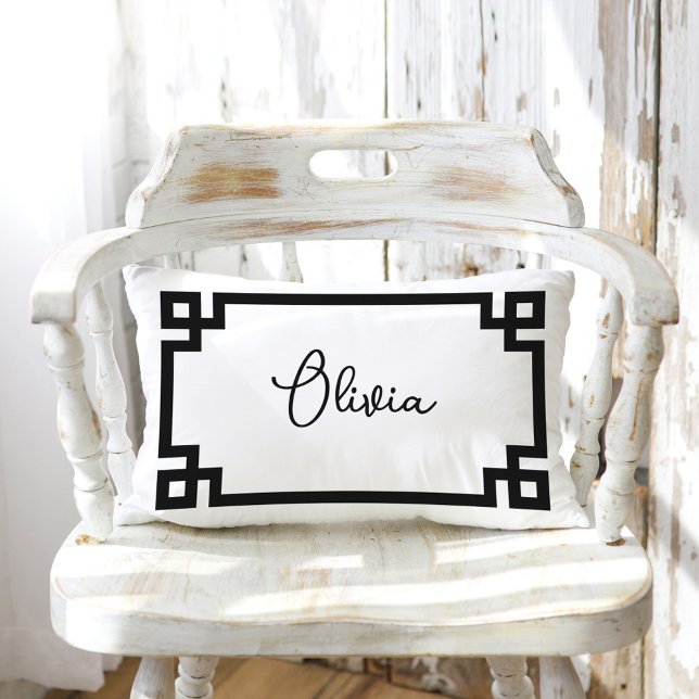 Black and White Custom Name Monogram Lumbar Pillow (Creator Uploaded)