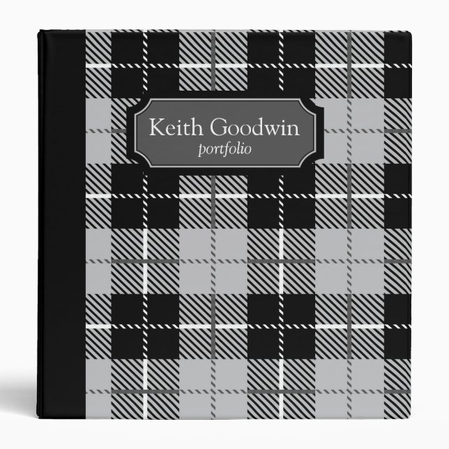 Black and White Custom Name/Monogram Plaid 3 Ring Binder (Front)