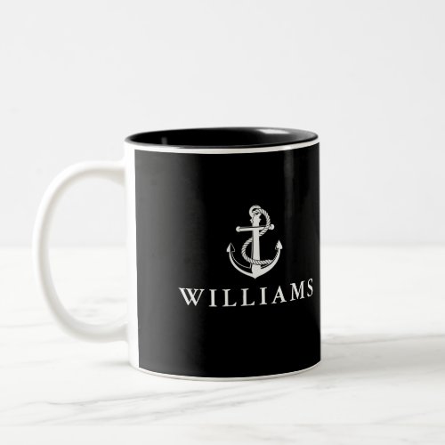 Black And White Custom Name Nautical Boat Anchor Two_Tone Coffee Mug