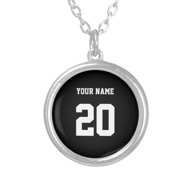 Black and White Custom Number and Name Silver Plated Necklace (Front)