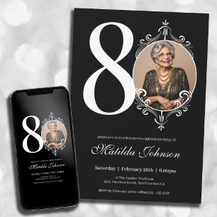 Black and White Custom Photo 80th Birthday Invitation