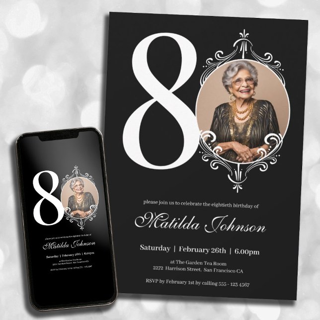 Black and White Custom Photo 80th Birthday Invitation (80th Birthday Classic Black and White Custom Photo Invitation)