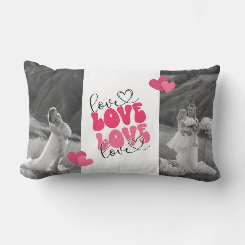 Black and White Custom Photo Heart Valentines Day Lumbar Pillow