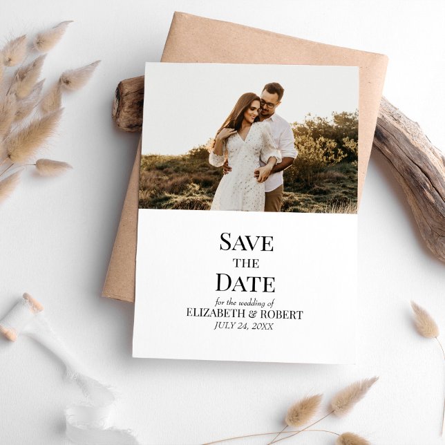 Black and White Custom Photo Save the Date Card (Black and White Custom Photo Save the Date Card on a table with neutral boho decor)