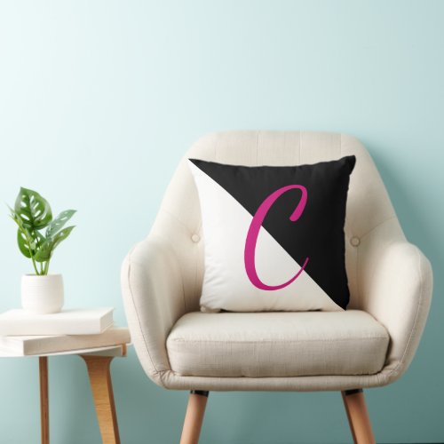 Black and White Custom Pink Letter Initial Throw Pillow