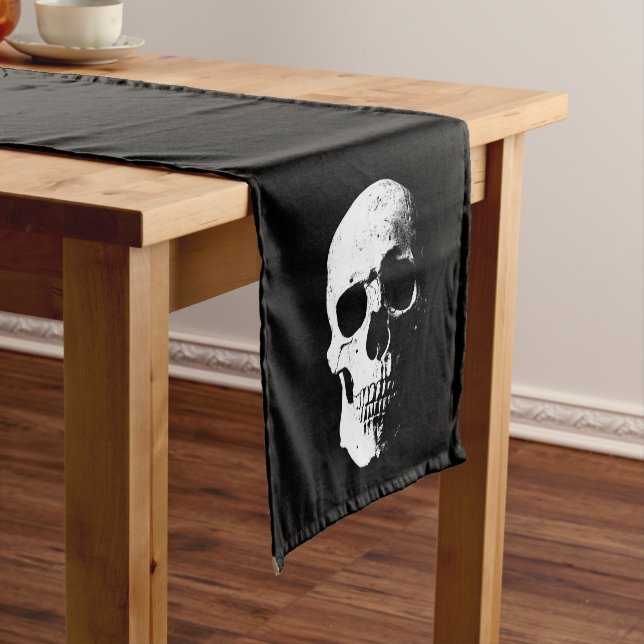 Black And White Custom Template Halloween Skull Short Table Runner (In Situ)