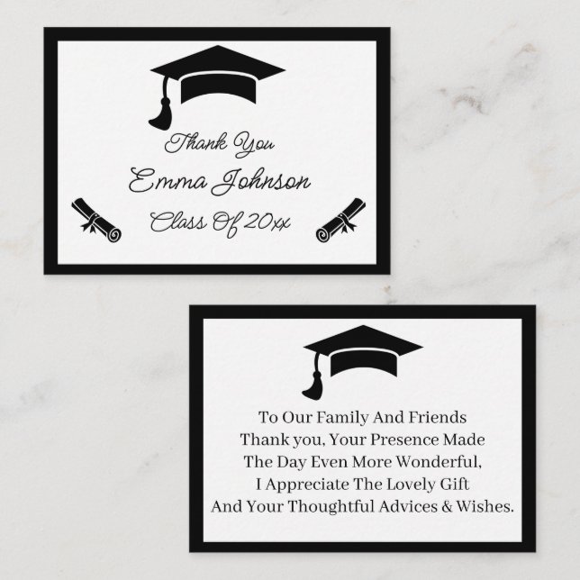 Black And White Customized Graduation Thank You Note Card (Front/Back)