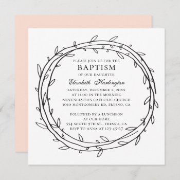 Black And White Cute Botanical Baby Girl Baptism Invitation by RemioniArt at Zazzle