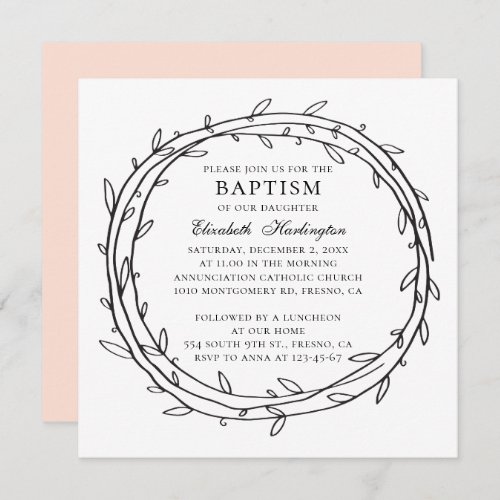 Black and white cute botanical baby girl baptism invitation