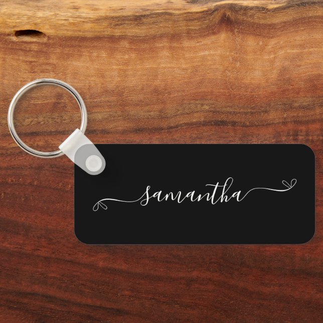 Black and White Cute Bow Signature Name Long Keychain (Back)