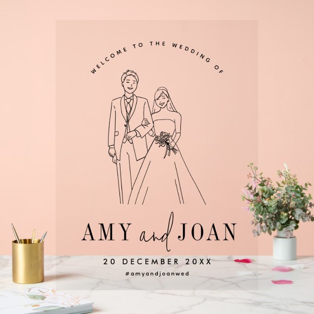 Black and White Cute Couple Minimalist Wedding Acrylic Sign (Wedding)