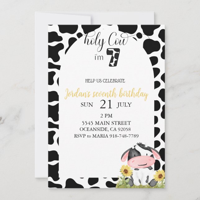 black and white cute cow seventh birthday  invitation (Front)