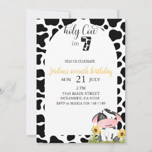 black and white cute cow seventh birthday invitation