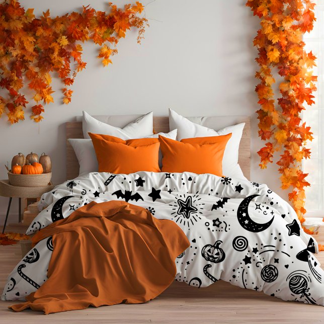 Black And White Cute Halloween Line Art Duvet Cover (Creator Uploaded)