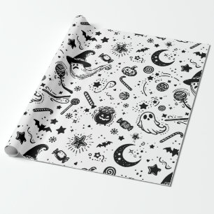 Black And White Cute Halloween Line Art Wrapping Paper