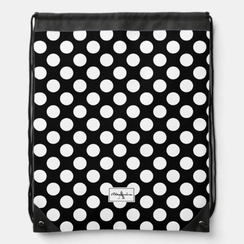 Black And White Cute Polka Dot Pattern Monogram Drawstring Bag