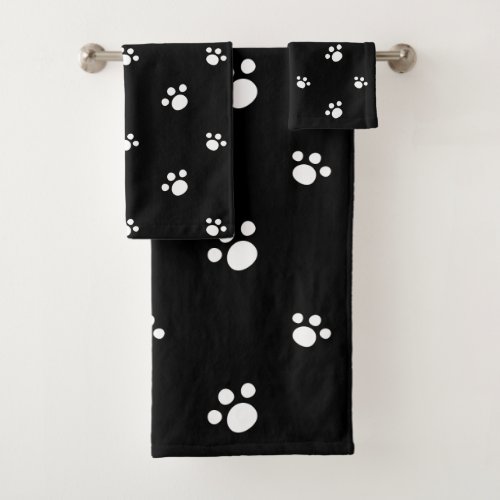 Black And White Cute Puppy Dog Paw Print Pattern Bath Towel Set