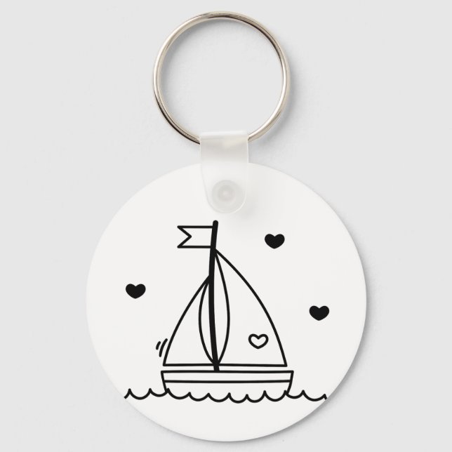 Black and White Cute Sailboat  Keychain (Front)